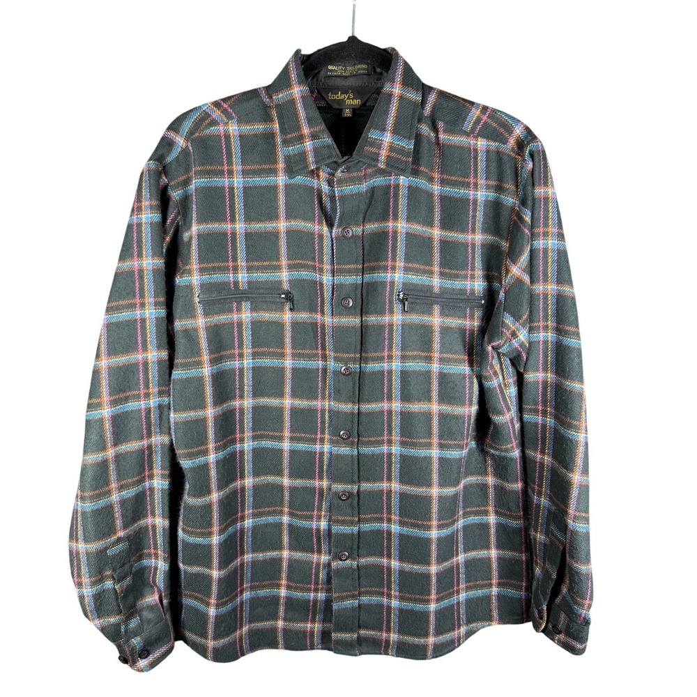 Today's Man Button Up Mens M Black Plaid Zip Pockets Acrylic Flannel Long Sleeve